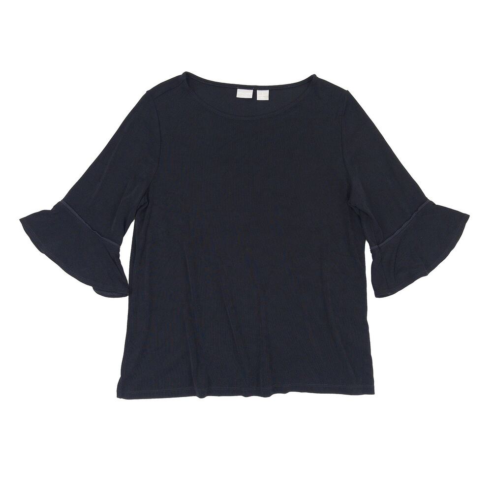 Chicos Travelers Travel Top Womens 2 L Black Bell Ruffle Sleeve Stretch Blouse
